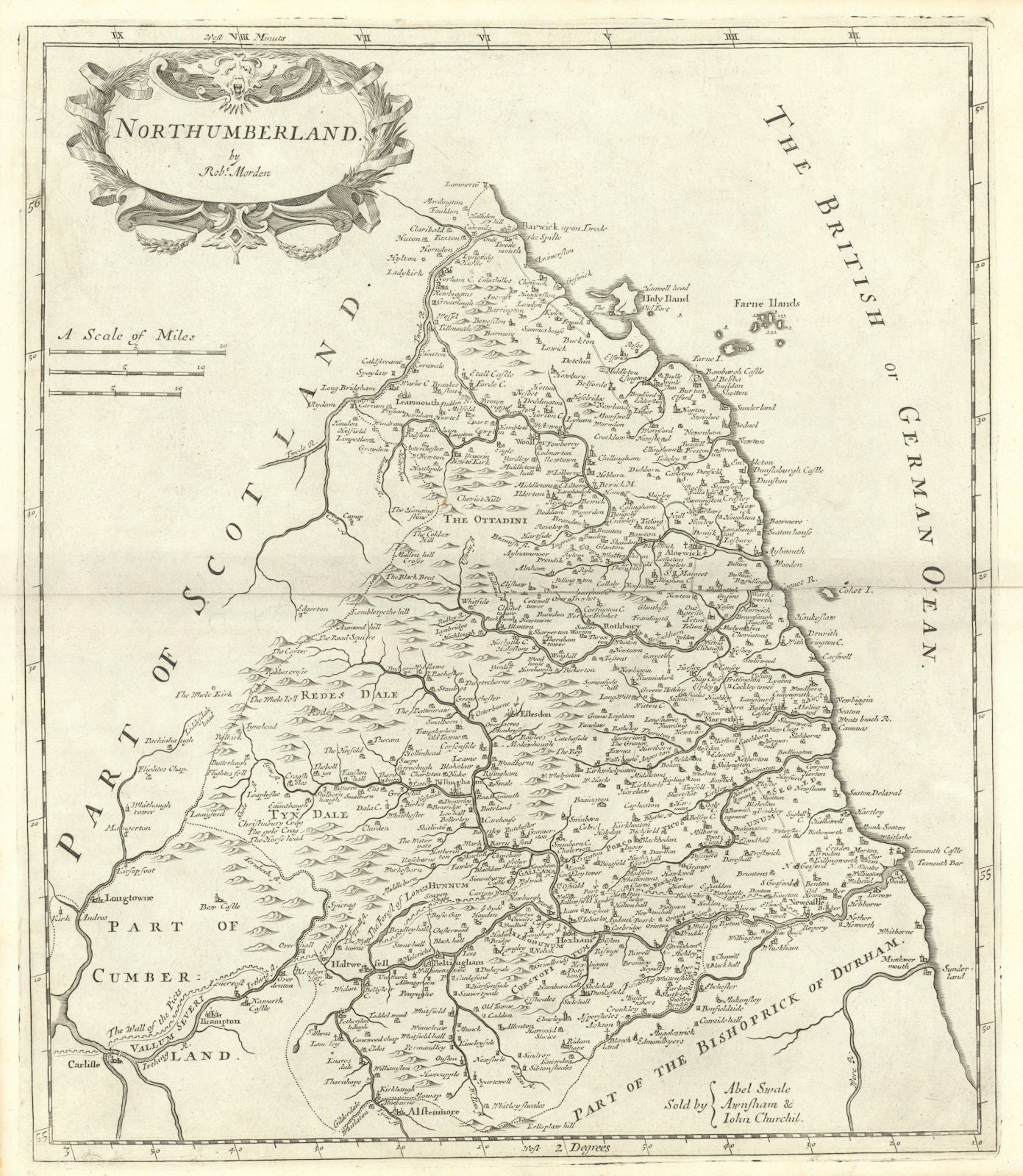 NORTHUMBERLAND by ROBERT MORDEN from Camden's Britannia 1722 old antique map